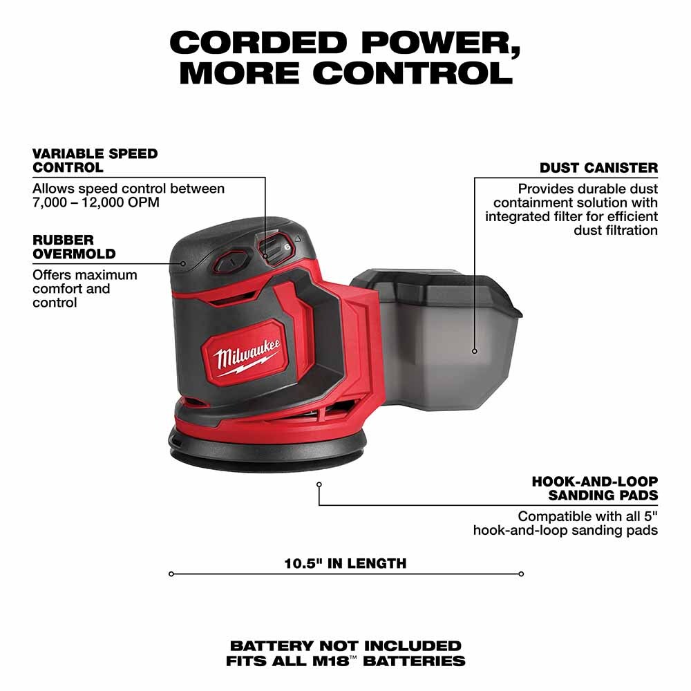Milwaukee 2648-20 M18 7000-12000 OPM Variable Speed 5" Random Orbit Sander