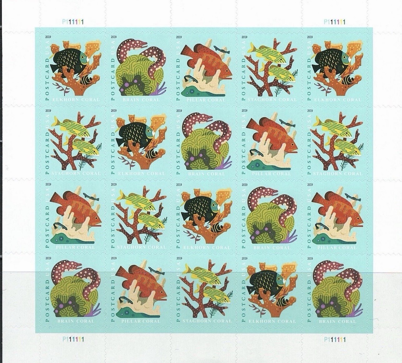 2019 USPS SHEET OF 20 POSTCARD STAMPS CORAL REEFS 61¢