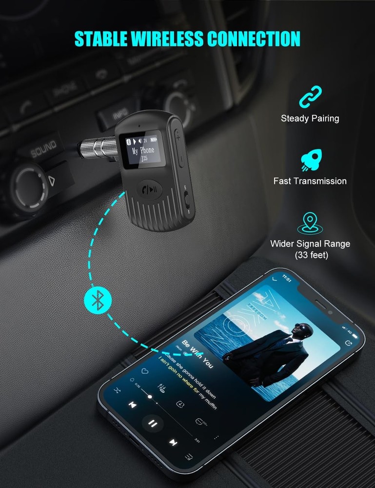 Bluetooth Receiver with LCD Screen, Portable 3.5mm AUX Bluetooth 5.0 Adapter ...