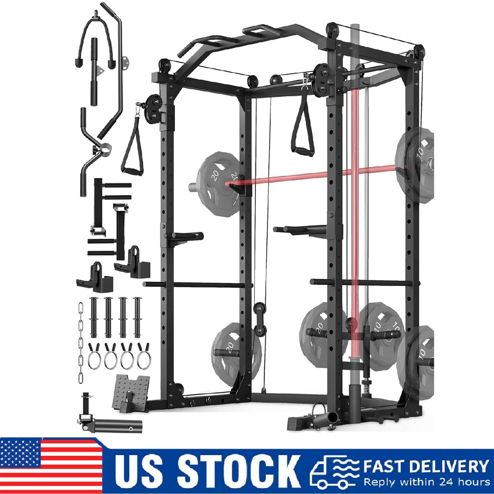 Power Cage Multi-Function Power Rack Home Gym with J Hooks Dip Bar Pulley System
