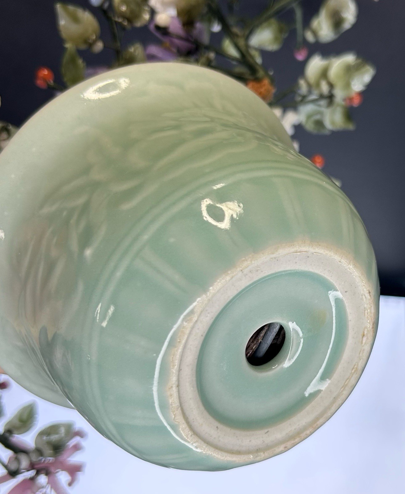 Vintage Chinese Jade Quartz Stone Glass Bonsai Tree Celadon Pot Curly Leaf Large