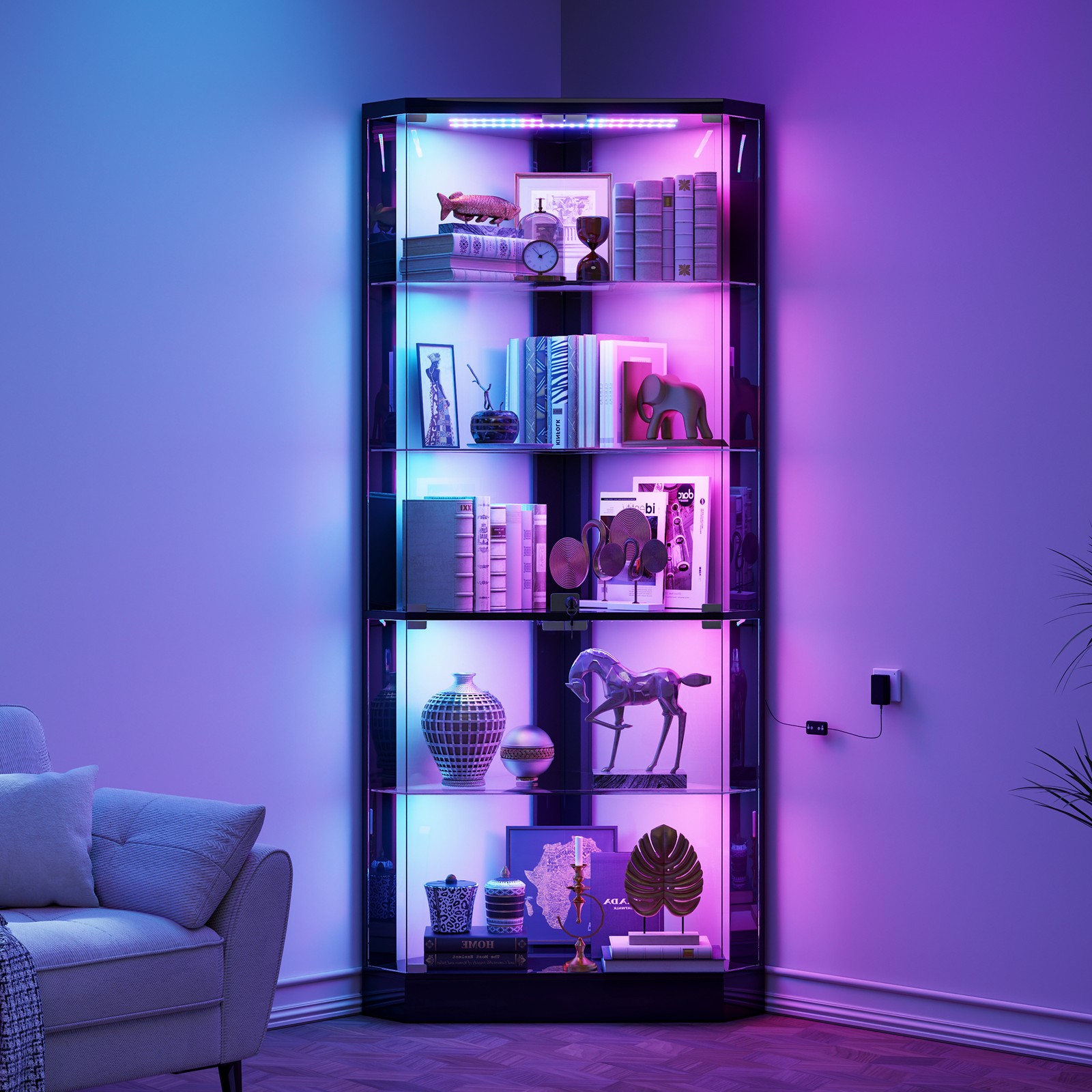 Black Curio Cabinets with RGB Lights, 69" Tall Display Cases for Collectibles