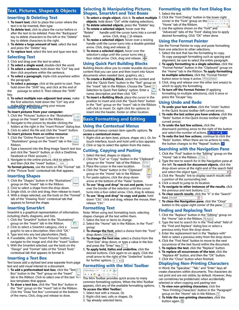 Word 2016 Training Guide Quick Reference Card 4 Page Cheat Sheet Instructions