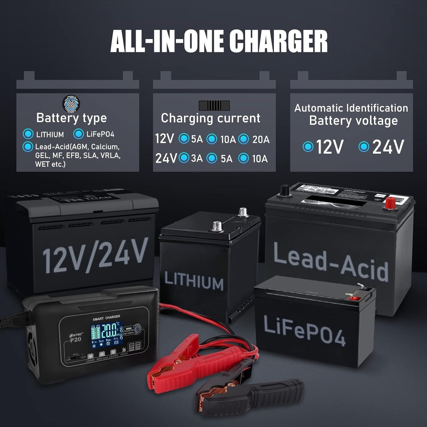 20-Amp Smart Battery Charger,12V/20A and 24V/10A.Lithium,Lifepo4,Lead-Acid(AGM/G