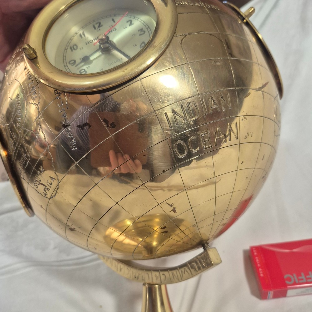 16" BRASS 5 WORLD CLOCKS SPINNING GLOBE