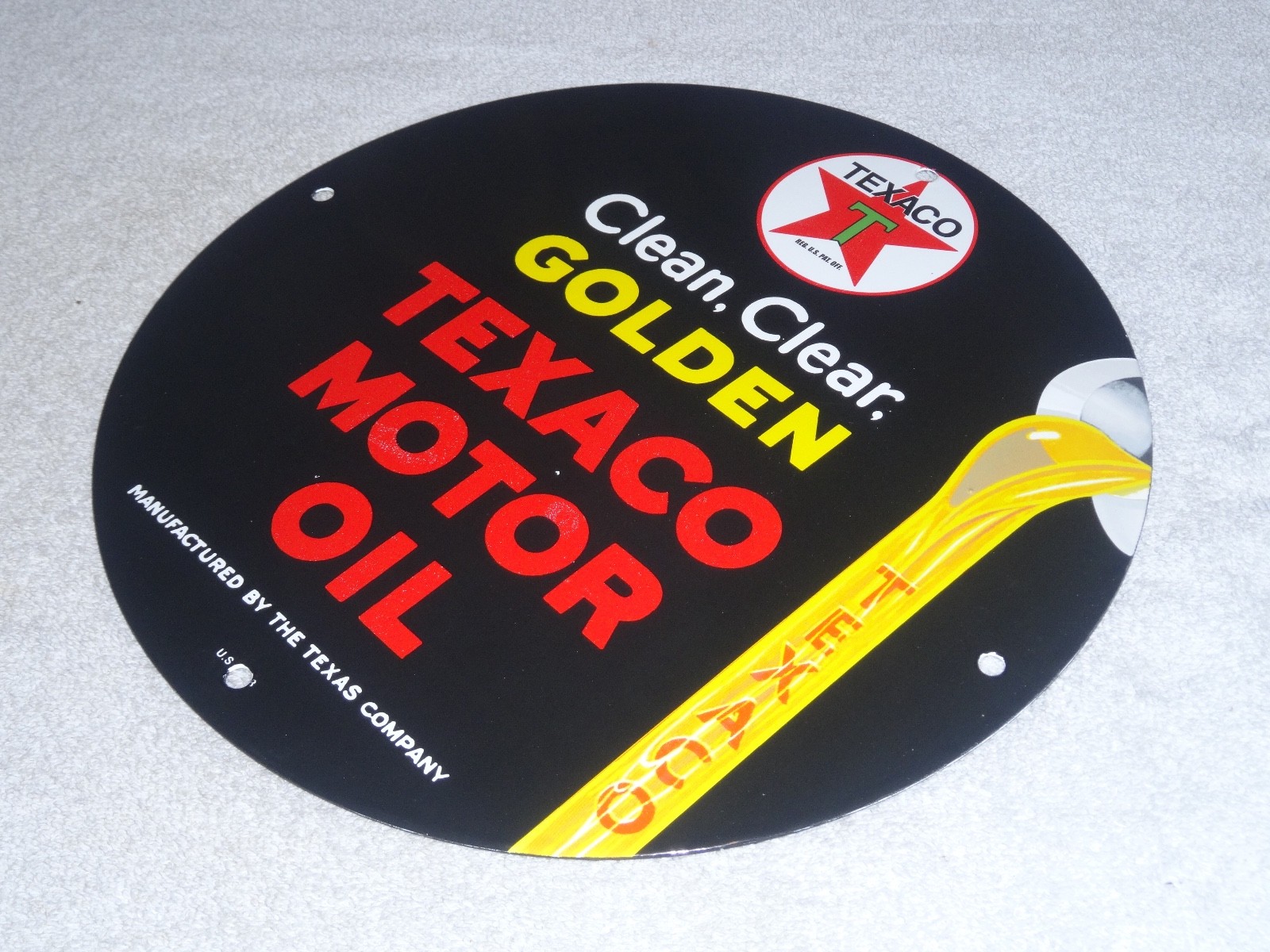 VINTAGE 1948 CLEAN, CLEAR TEXACO MOTOR OIL 11 3/4" PORCELAIN METAL GASOLINE SIGN