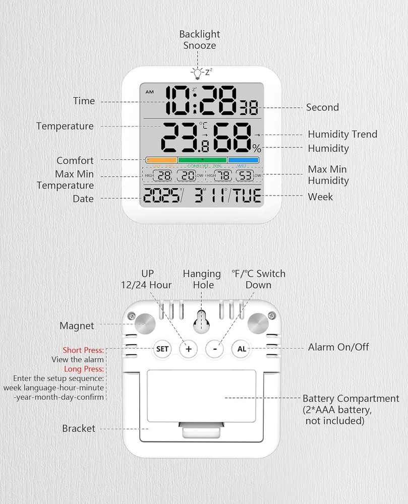 Mini Digital Indoor Thermometer Hygrometer Clock, Room Temperature Humidity...