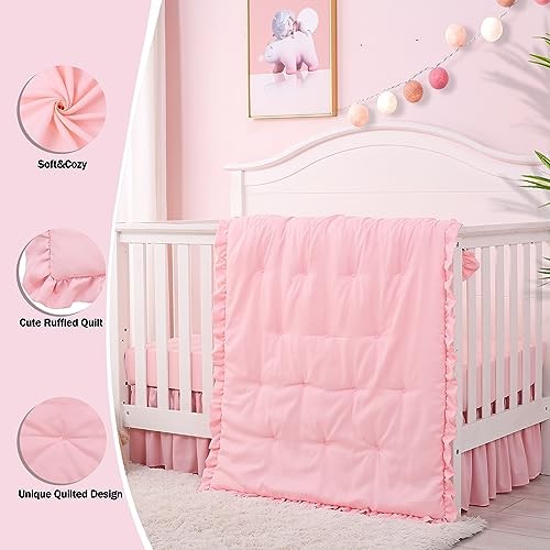 3 Pieces Crib Bedding Set for Girls- Solid Ruffle Quilted Includes Pink