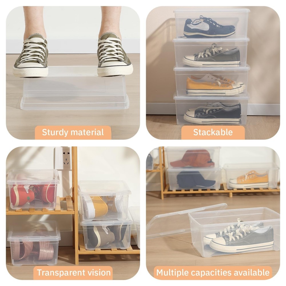 Stackable Clear Storage Bins with Lids Shoe Boxes 12 Packs Plastic Storage Co...