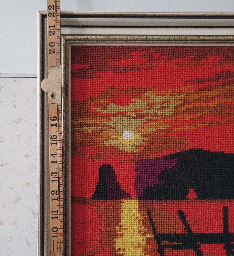 Professionally Framed Needlework Needlecraft Sunset Water Dock 22"x18"