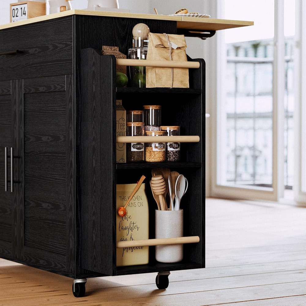 Kitchen Island with Storage, Rolling Kitchen Island on Wheels with Drop Leaf, Ch