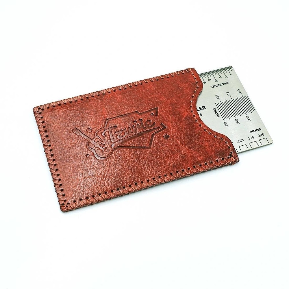 Tzurie Guitar String Action Gauge, Medium, silver ruler with brown case