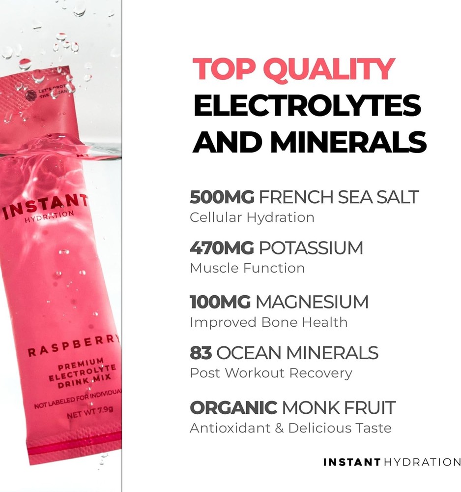 Instant Hydration Premium Electrolyte Drink Mix Raspberry 90 Packet (3X30) 07.27