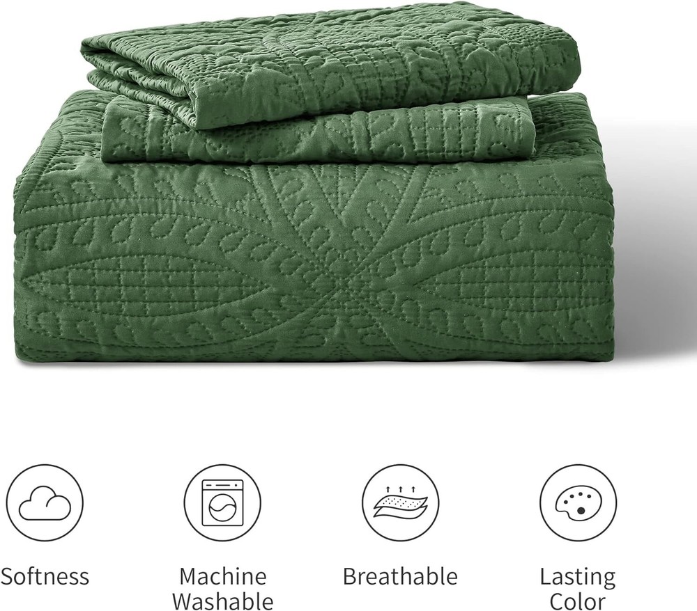 King Size Quilt Set - Lightweight Bedspread with Coin Pattern - Olive Green