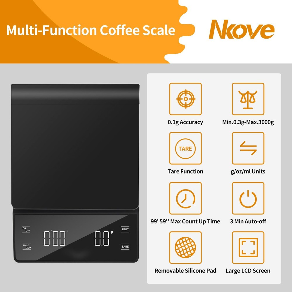 Digital Coffee Scale with Timer 3kg/0.1g High Precision Tare Function for Pou...
