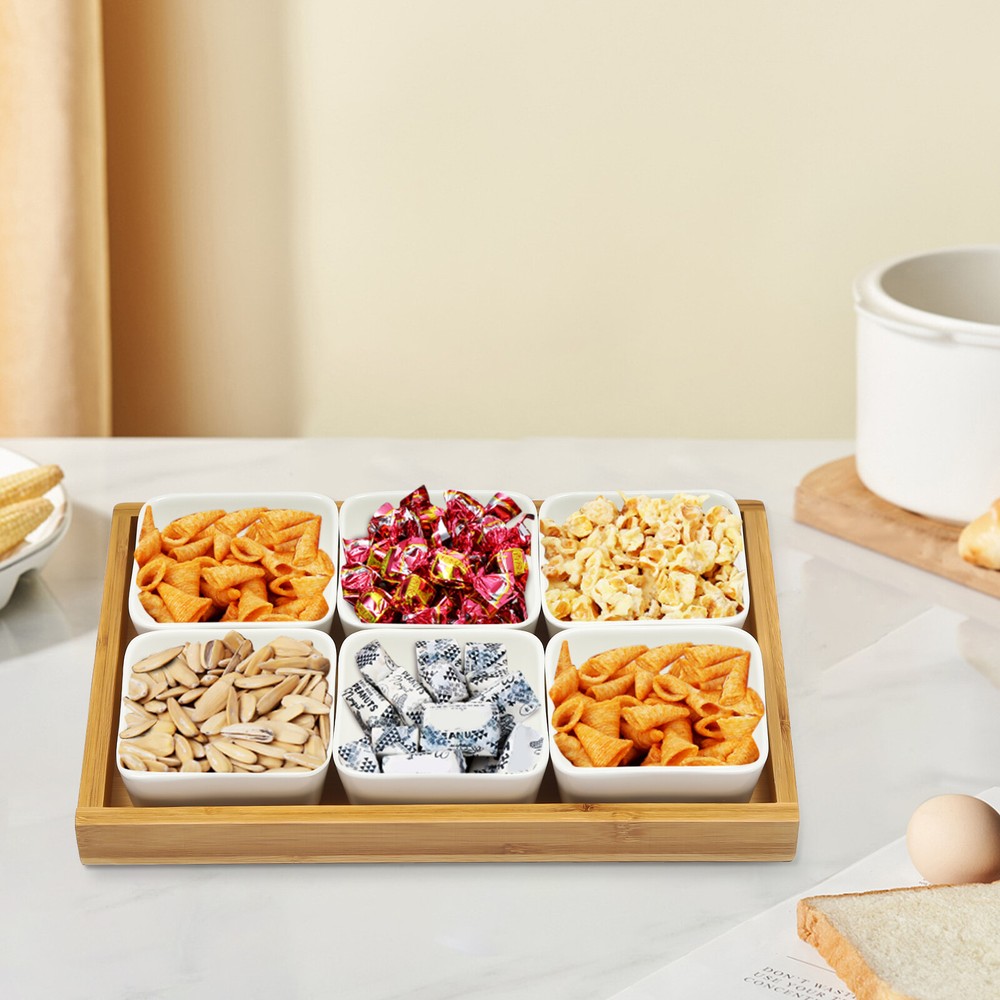 Ceramic Snack Serving Tray Set with Bamboo Lids - 6 Piece Platter