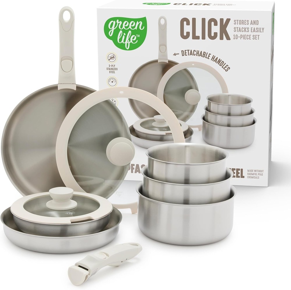 10 Piece Stainless Steel Pots and Pans, Detachable & Stackable Kitchen Set, Tri