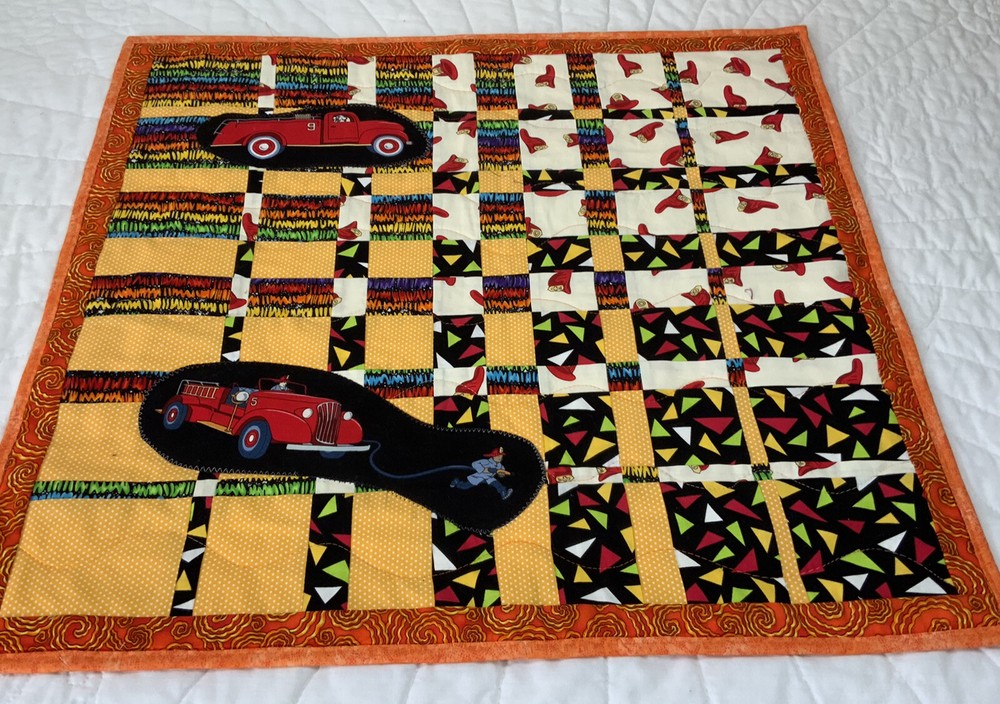 Patchwork Quilt Wall Hanging, Rectangles, Contemporary Prints, Fire Trucks