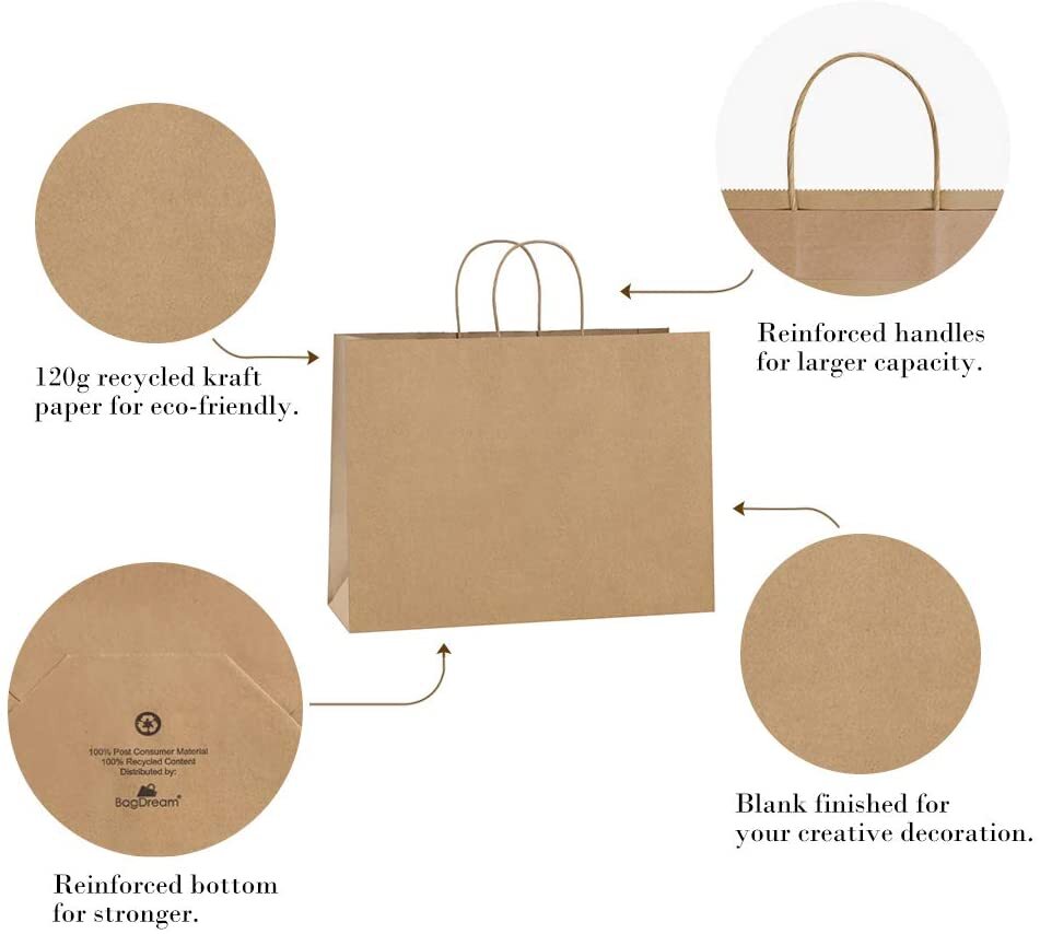 Paper Shopping Bags 500 Natural Kraft 8"x4.75x10.5" Retail Merchandise Handles