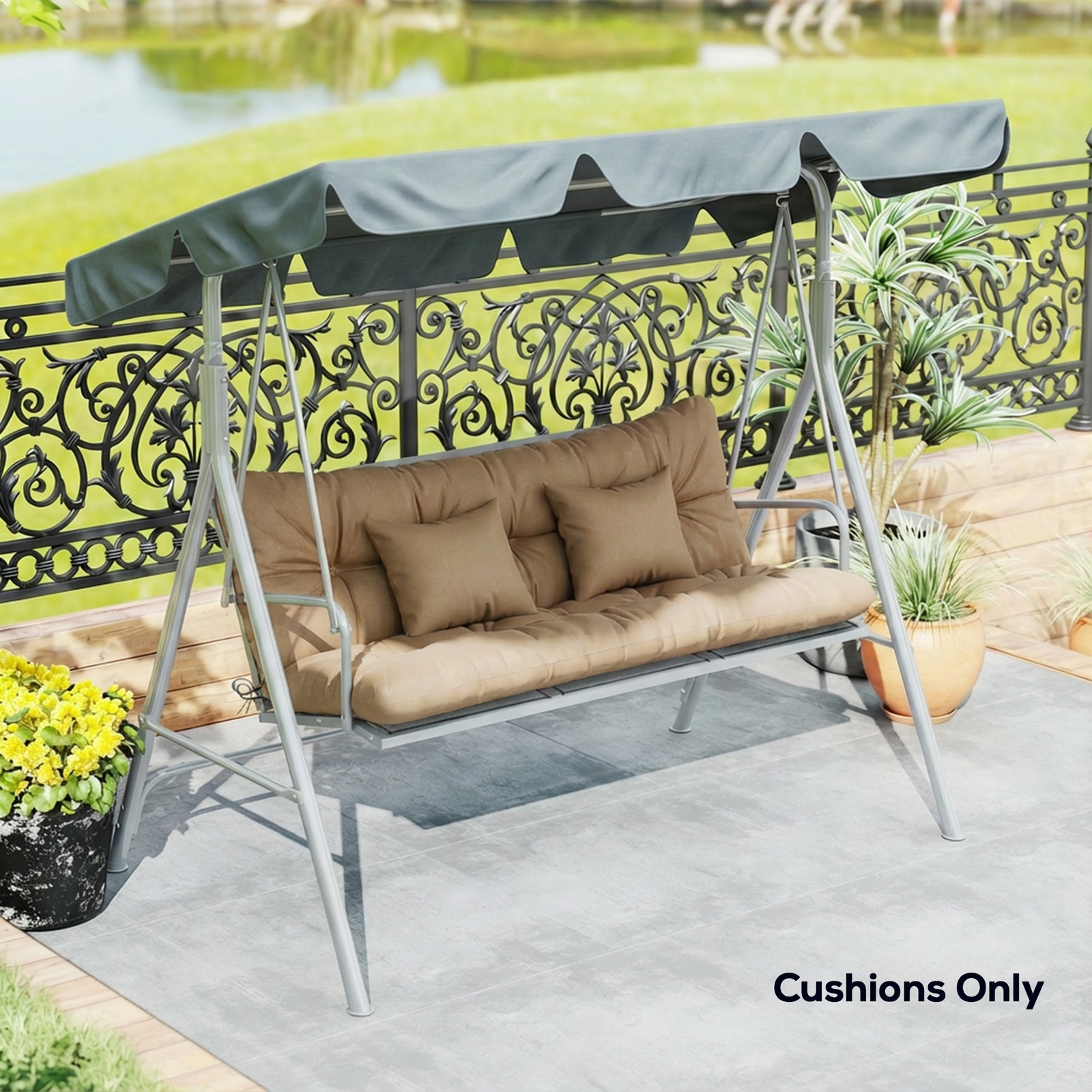 Indoor Outdoor Chair Cushions with Back, Pillows, Ties, for Garden, khaki