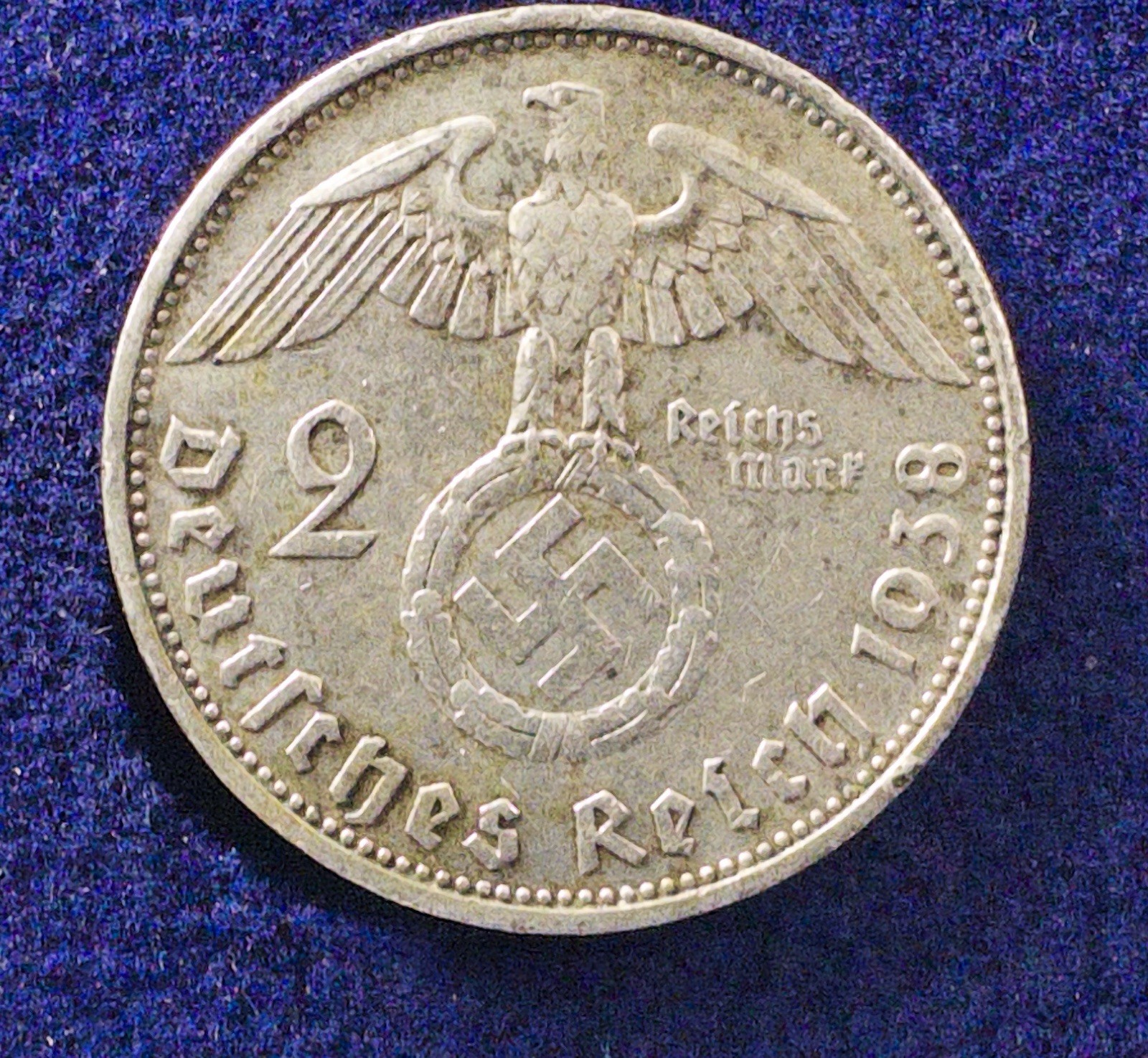 Rare Beautiful 1938-A German 2 Reichsmark w/Swastika KM 93