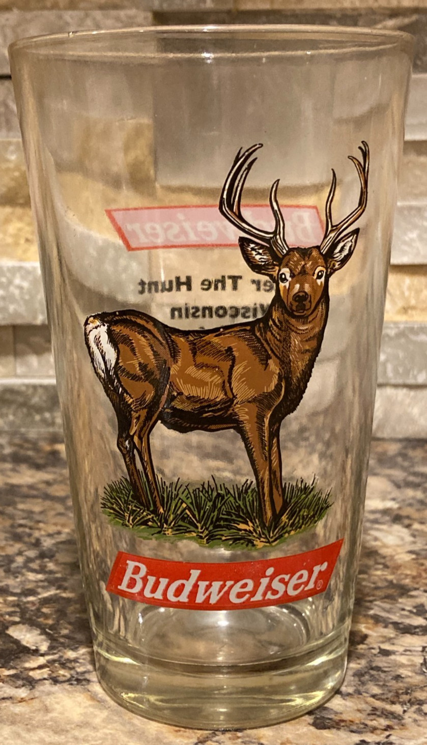 Budweiser Beer Pint Glass  ~ Whitetail Deer / Buck ~ "After the Hunt Wisconsin"