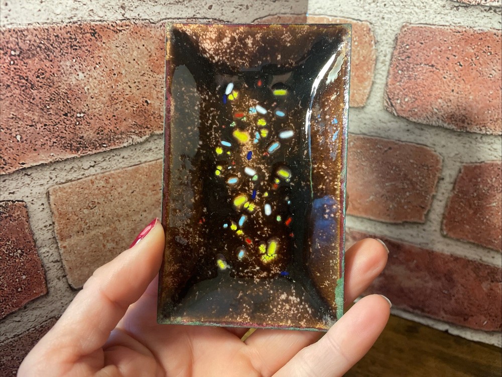 Vintage MCM Abstract Geometric Enamel Over Copper Rectangular Tray Trinket Dish