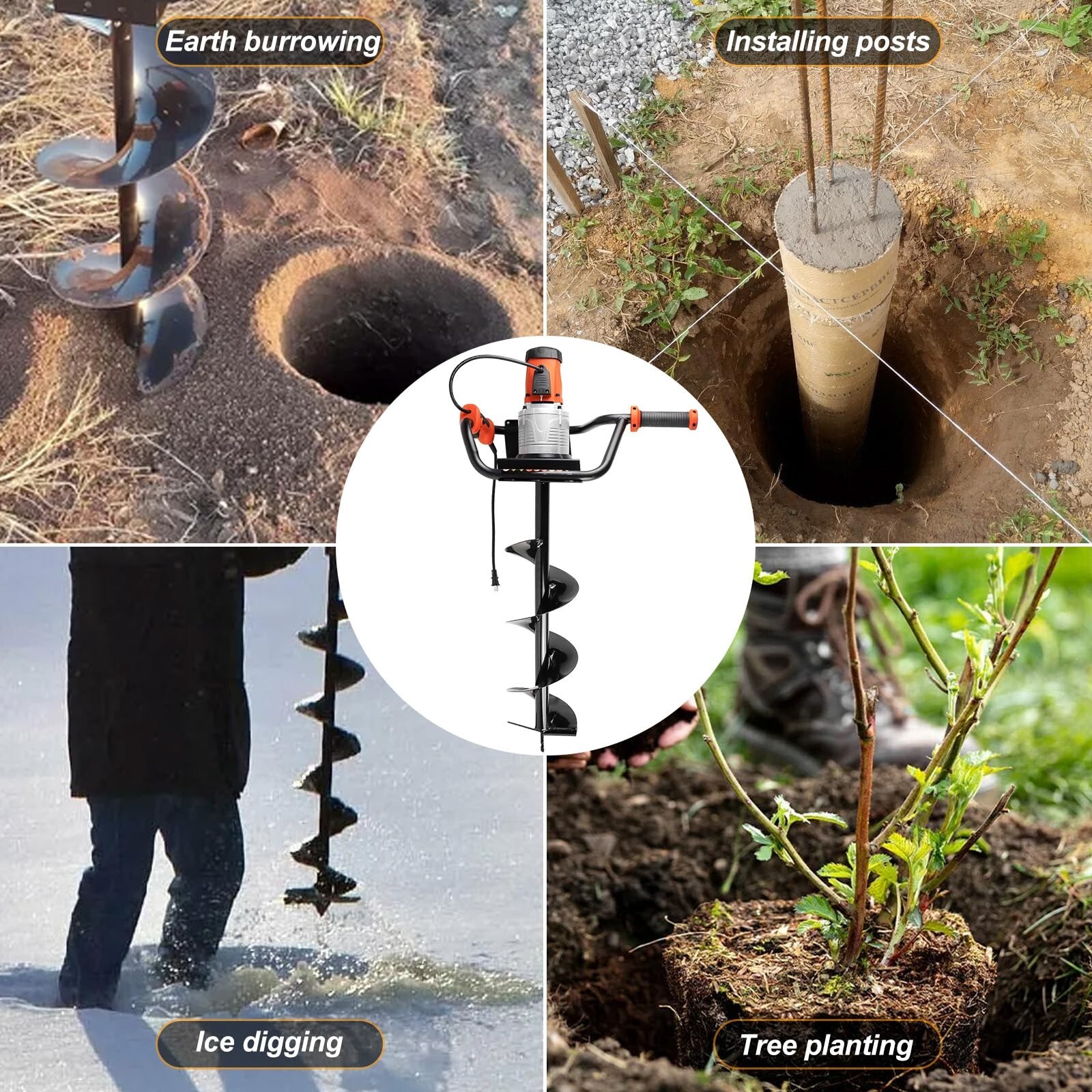 Electric Post Hole Digger with 4"+ 6"+8" Auger Bit for Quick Post Hole Digging