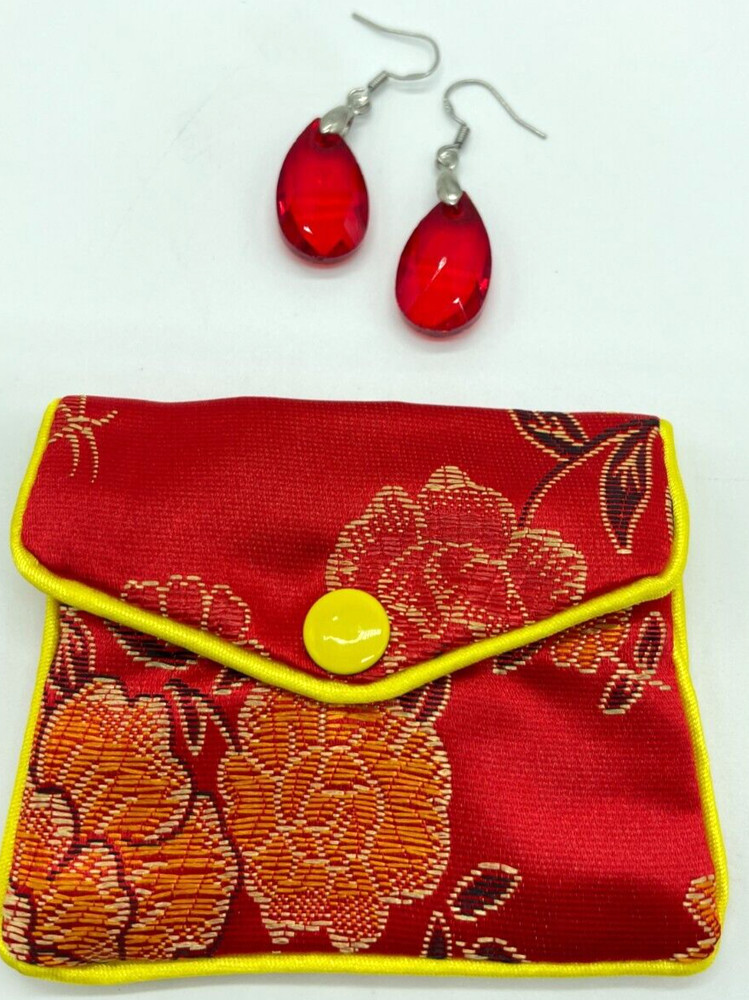 Earrings. Silver tone Large Red Crystals. Hook. 1" drop