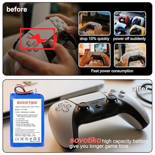 2-Pack Rechargeable 4000mAh PS5 Controller Battery Replacement for DualSense Gam