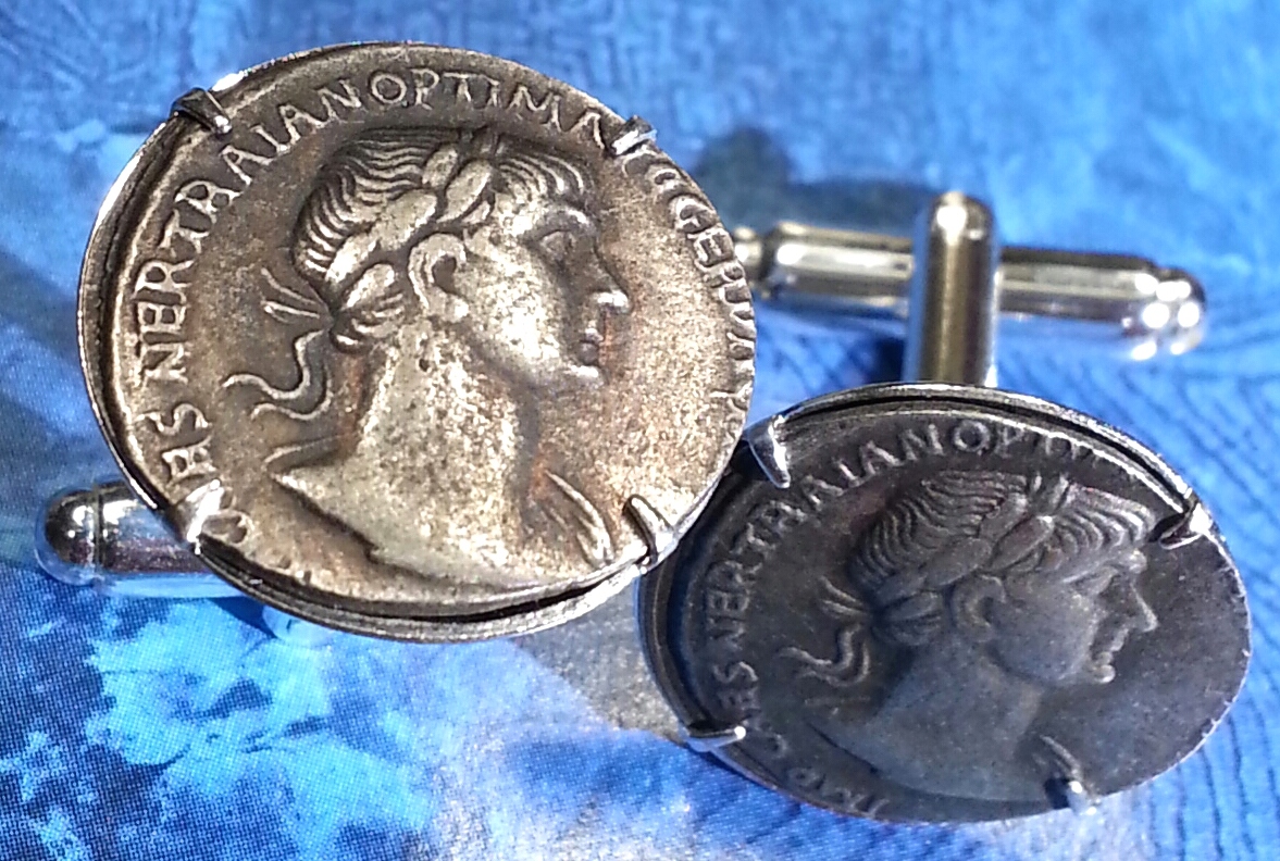 Ancient Roman Warrior Emperor Trajan Silver Tone Rome Coin Cufflinks + Gift Box!
