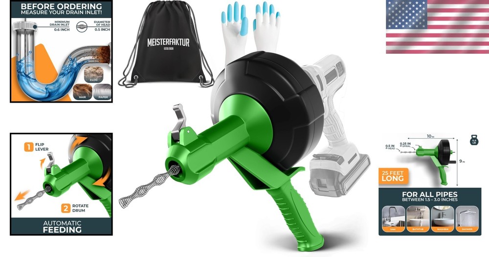 25FT Professional Drain Cleaning Snake - Fast, Eco-Friendly Unblocking Solution