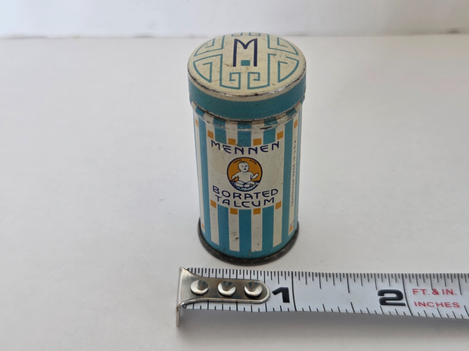 Vintage Mennen Borated Talcum Tin Baby Powder USA Sample Size Advertising Empty