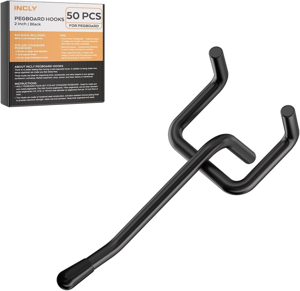 Space-Saving 50 Pack 2 Inch Metal Pegboard Hooks with Protective Rubber Tips
