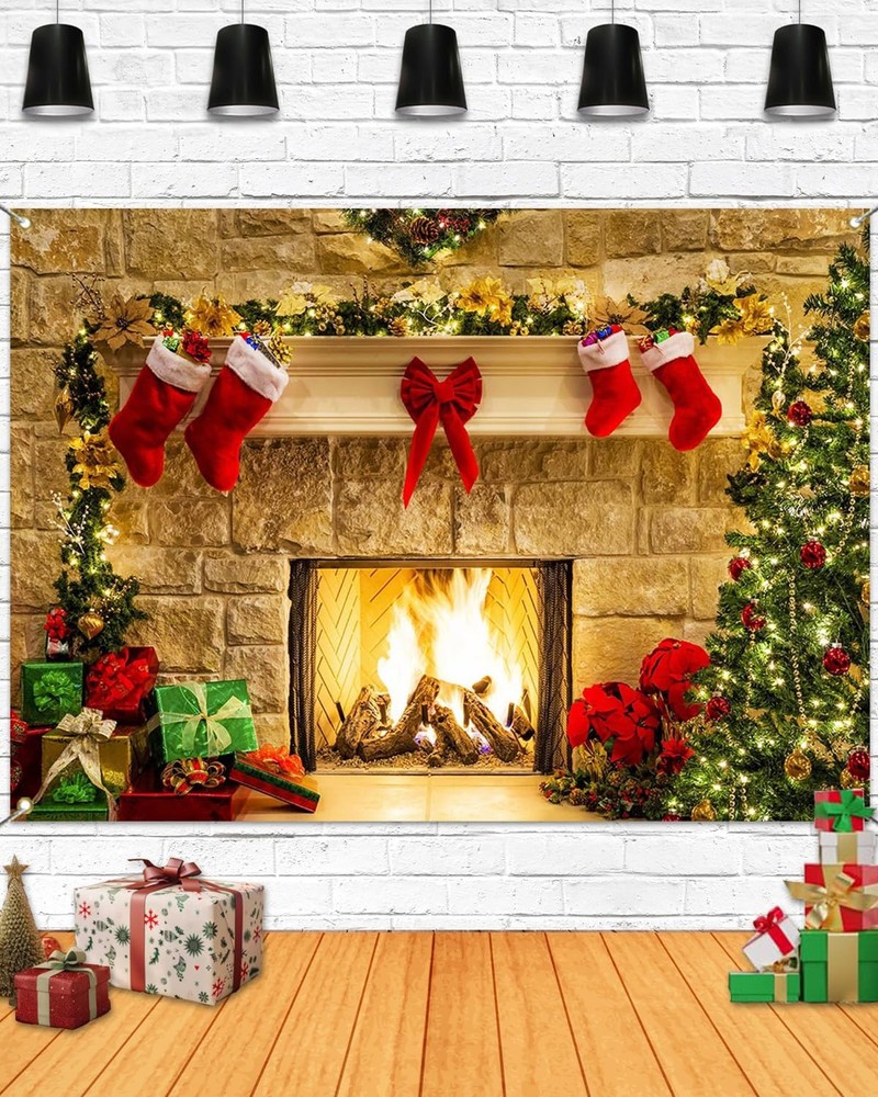 Mocsicka Christmas Fireplace Backdrop 7x5ft, Red, Polyester Red