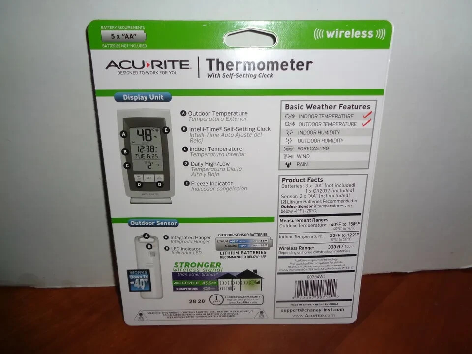 AcuRite Wireless Indoor Outdoor Digital Thermometer with High Low Memory & Clock