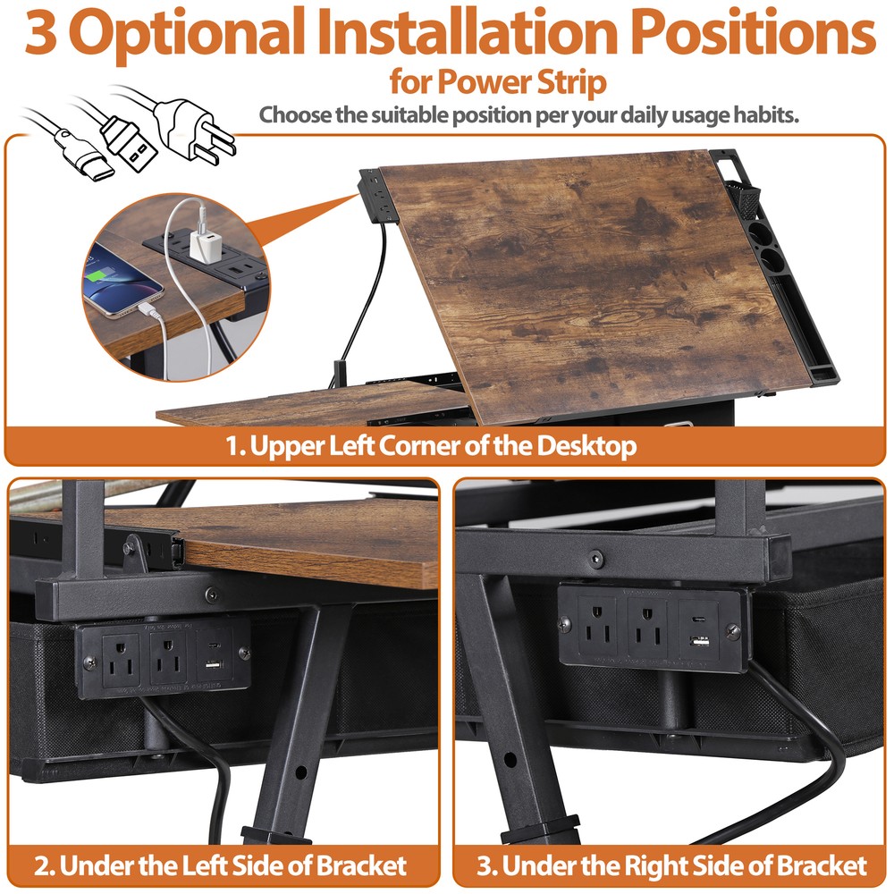 Drafting Table Drawing Adjustable Craft Desk Tabletop w/Stool & Outlet & Drawers