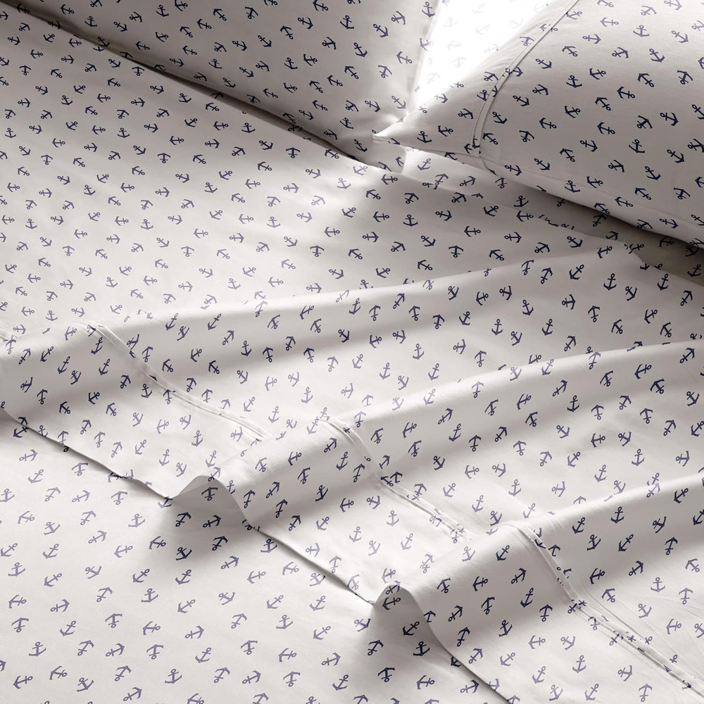 Printed 100% Cotton Percale Sheet Set, Anchors Navy, King