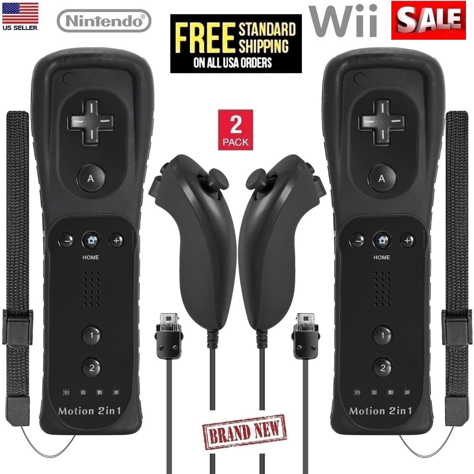 2Pack Built-in Motion Plus Wii Remote & Nunchuck Controller for Wii U Console