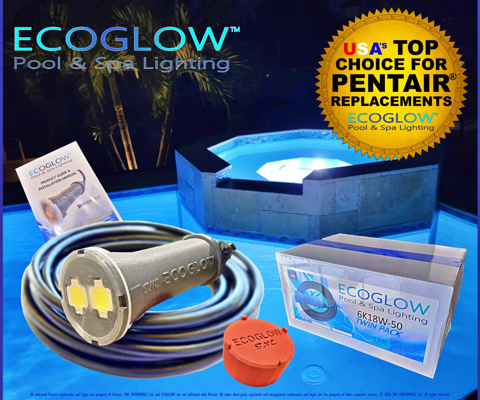ECOGLOW WHITE Pool Light - DIRECT FIT for Pentair Globrite MADE IN THE USA w/2yr