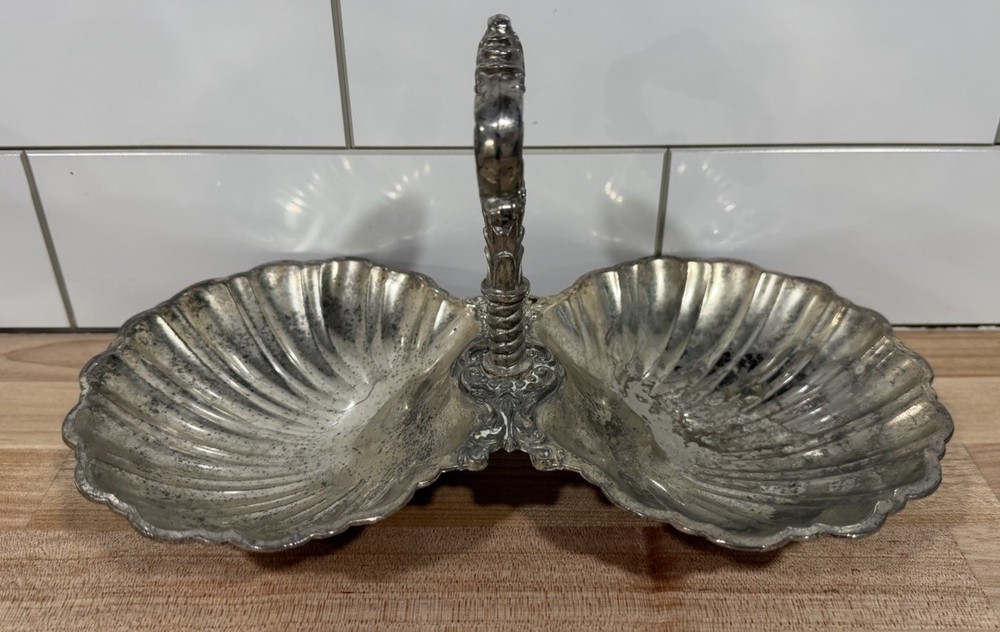 Vintage Silvertone Double Clam Shell Serving Dish Tarnish Resistant Japan 10"