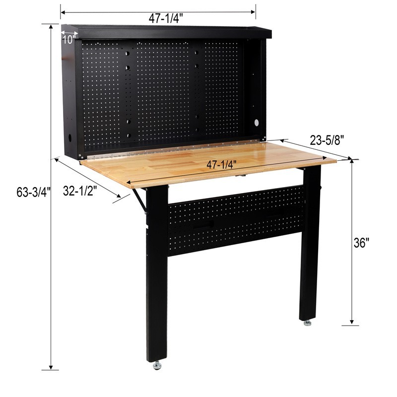 Foldable Steel Wall Mounted Workbench Rubberwood Work Surface for Tool Storage