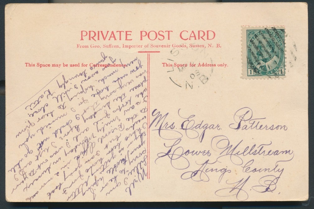 Lisson, NB- 1908 Split Ring Cancel on Postcard