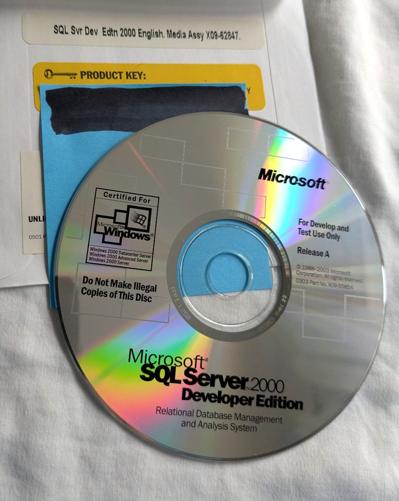 2 CD Microsoft SQL Server 2000 Developer A w/ Service Pack 3a + Product Key