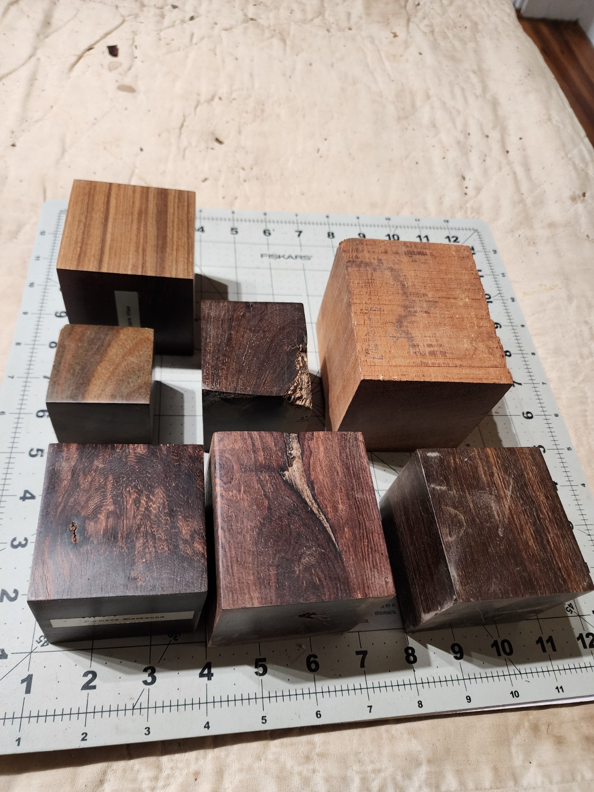 Seven Exotic Wood Cubes, 2 To 3" Square, For Turning Or Samples