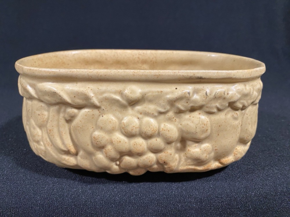 Vintage Speckled Mustard Yellow Ceramic Planter Rounded Rectangle Embossed Fruit