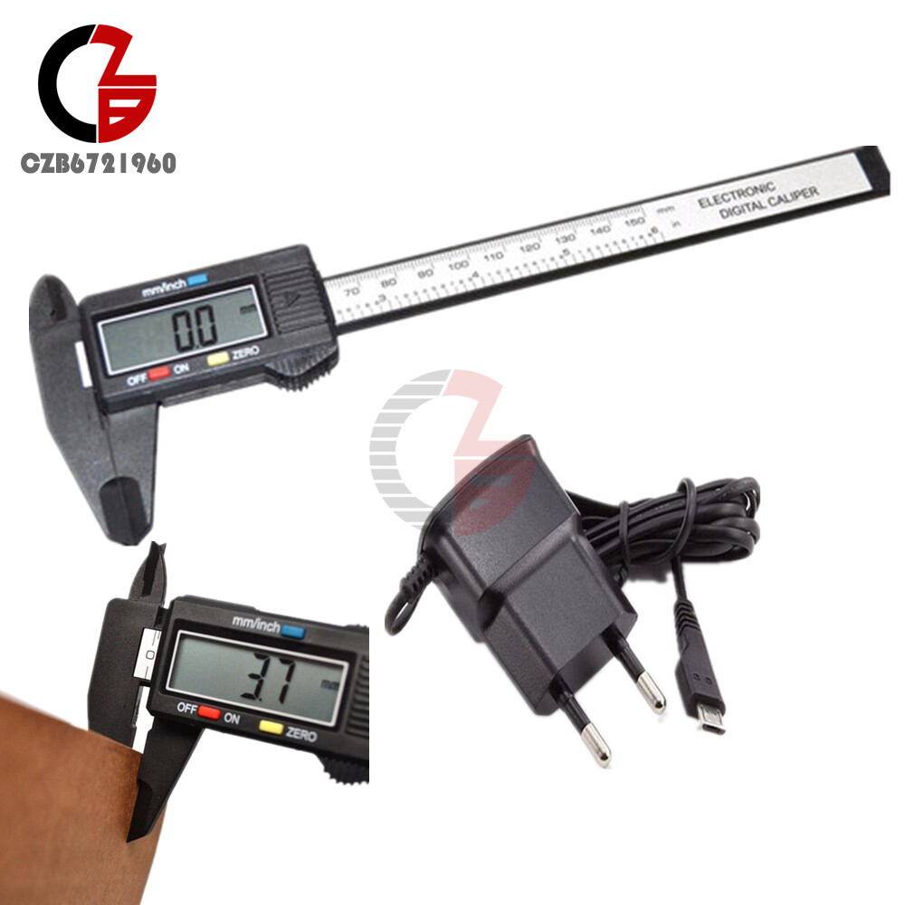 Digital 150mm LCD Electronic Carbon Fiber Vernier Caliper 5V Micro USB EU Plug
