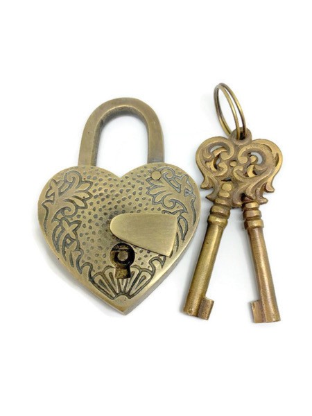2 Solid Brass Love Heart Padlocks – Heavy Antique Style Locks with 4 Working Key