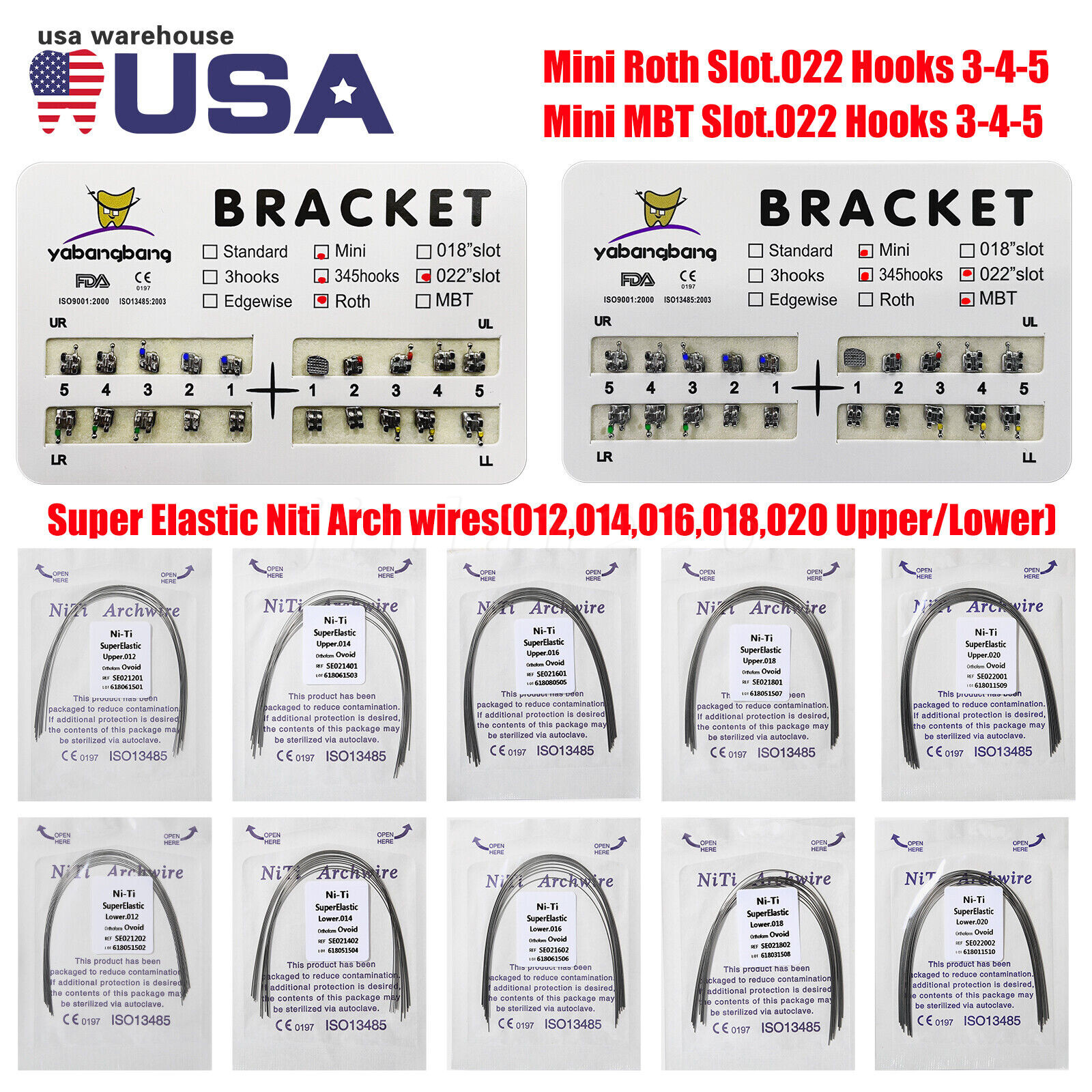 Dental Orthodontic Bracket Braces Roth/MBT 345 Hooks /Round Super Arch Wire Niti