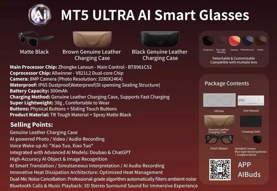 AI Smart Glasses with 8MP Camera and Leather Charging Case